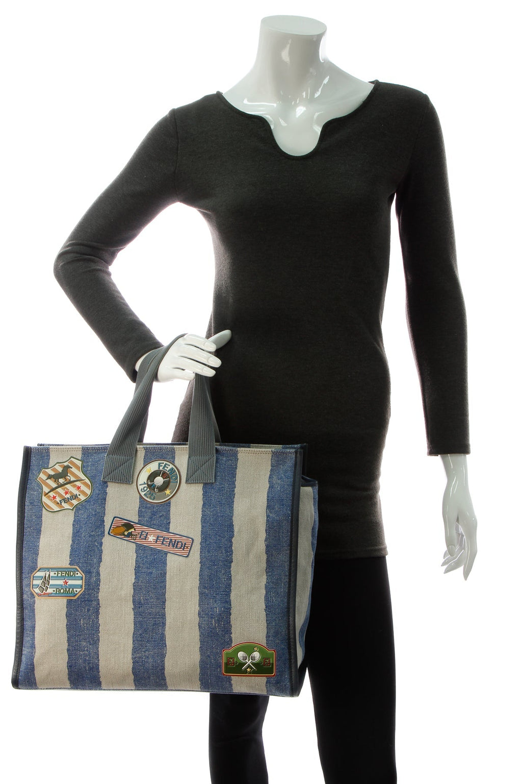 Sports Patches Striped Tote Bag - Blue/Beige