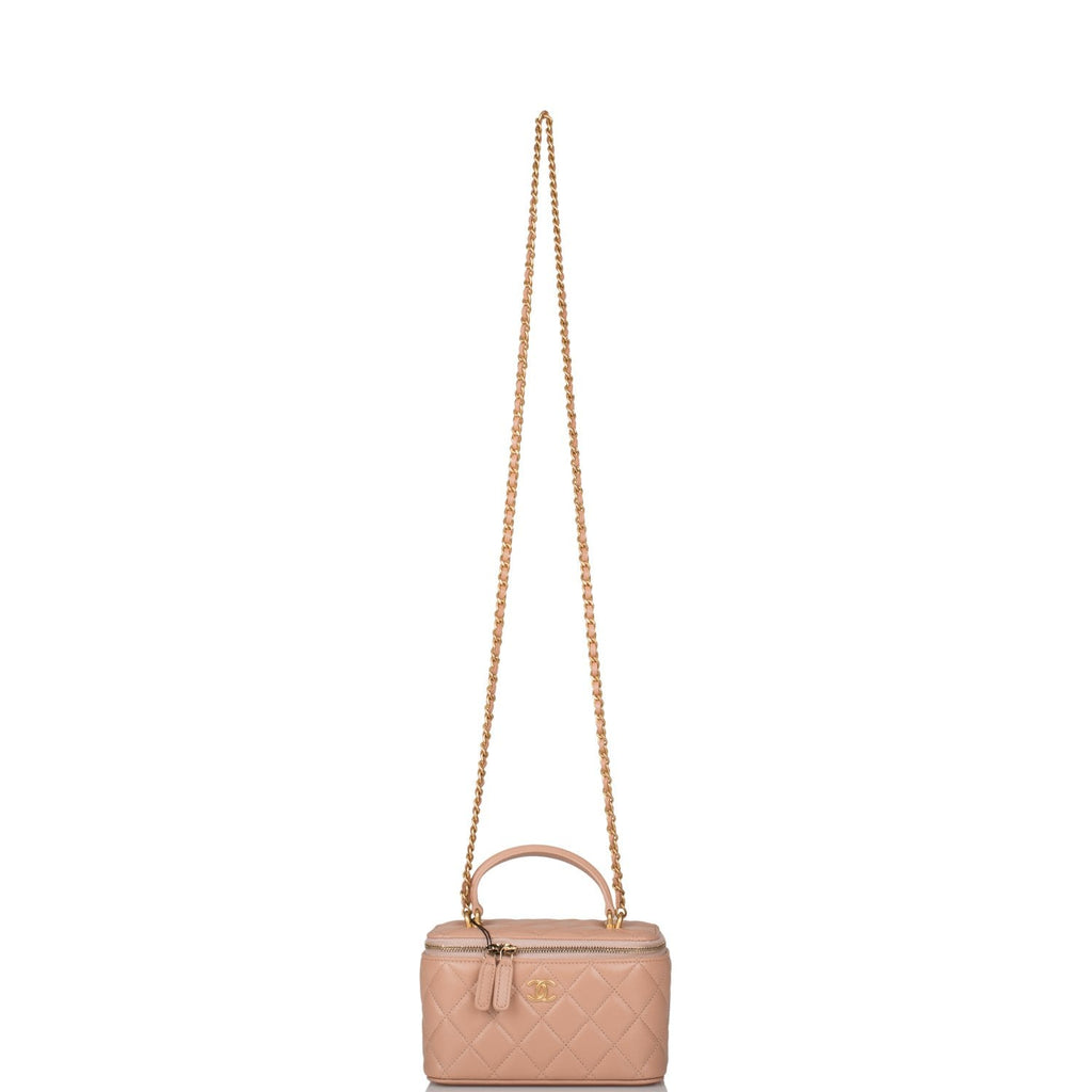Chanel Beige Quilted Lambskin Small Top Handle Vanity Bag Antique Gold Hardware