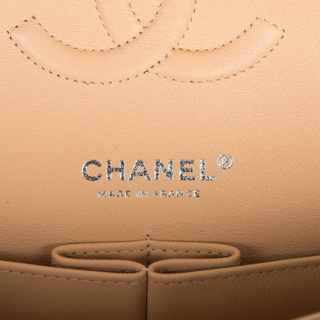 Chanel Medium Classic Double Flap Bag Beige Quilted Caviar Silver Hardware