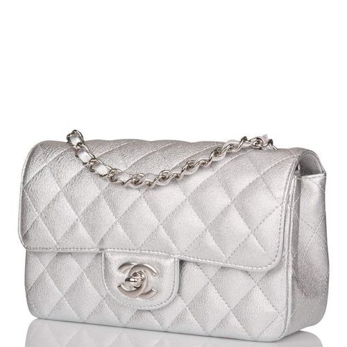 Chanel Mini Rectangular Flap Bag Silver Metallic Lambskin Silver Hardware