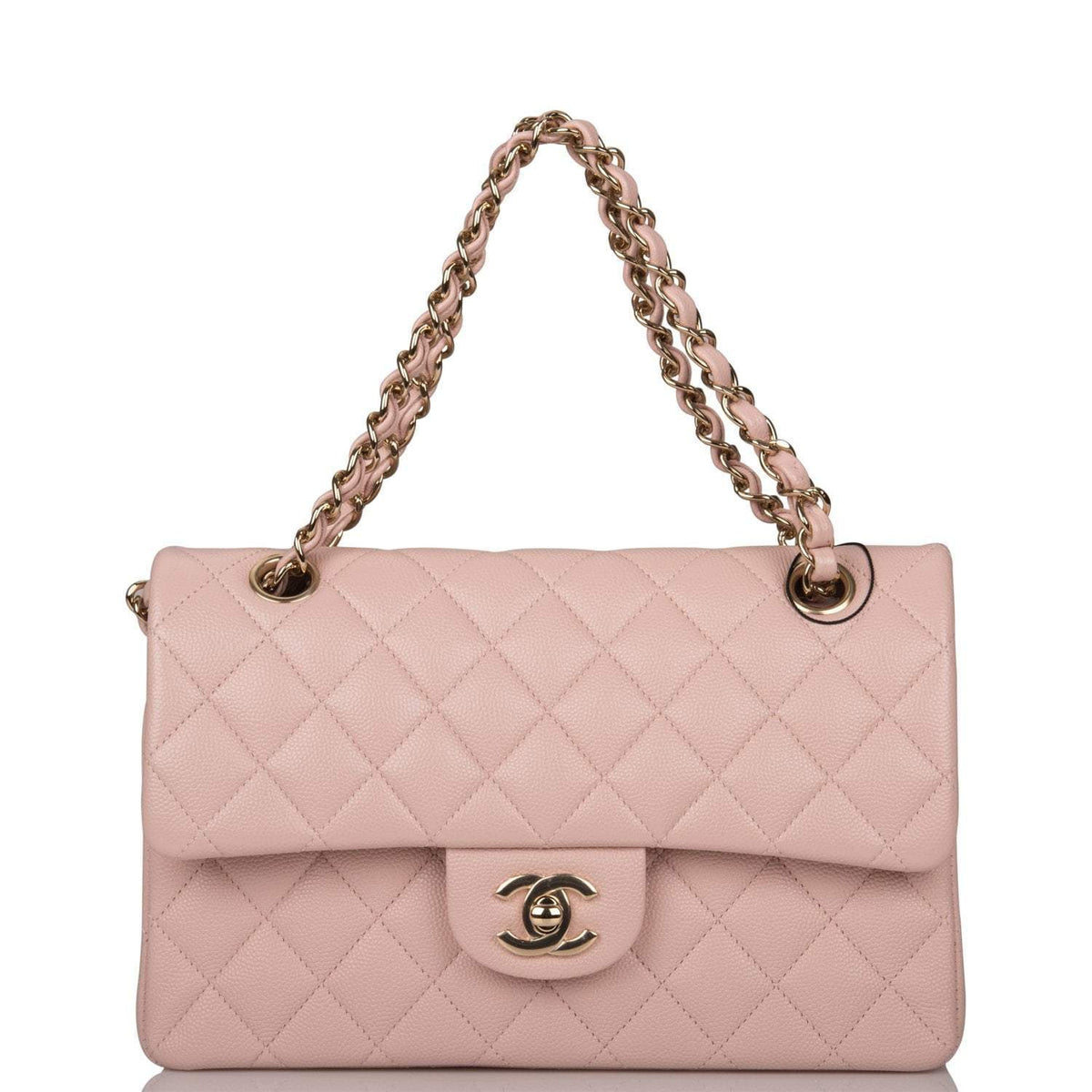 Chanel Rose Clair Quilted Caviar Small Classic Double Flap Bag Light Gold Hardware