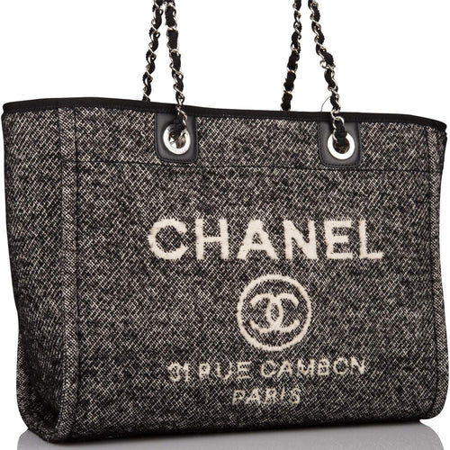 Chanel Small Deauville Shopping Bag Black Wool Silver Hardware