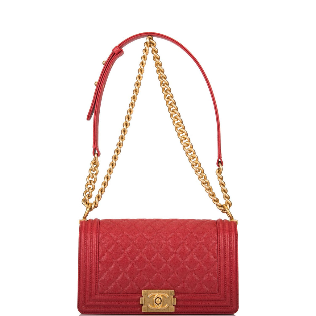 Chanel Red Quilted Caviar Medium Boy Bag Antique Gold Hardware
