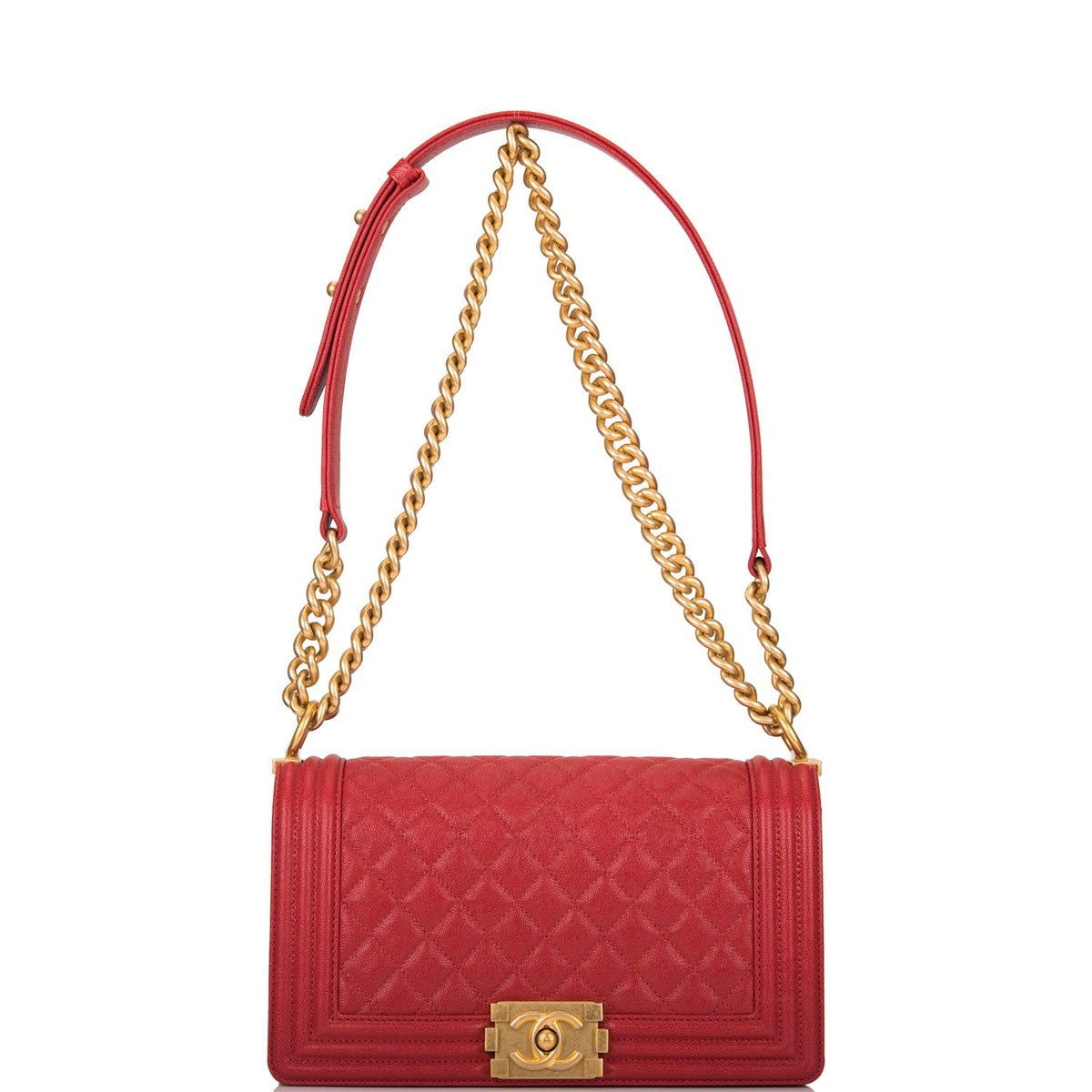 Chanel Red Quilted Caviar Medium Boy Bag Antique Gold Hardware