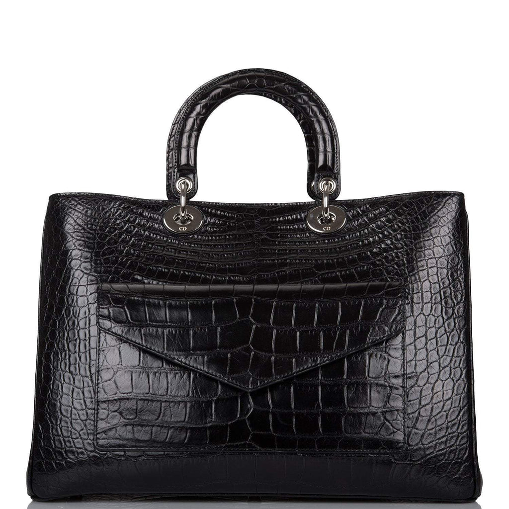 Christian Dior Black Diorissimo Pocket Matte Alligator Tote Silver Hardware