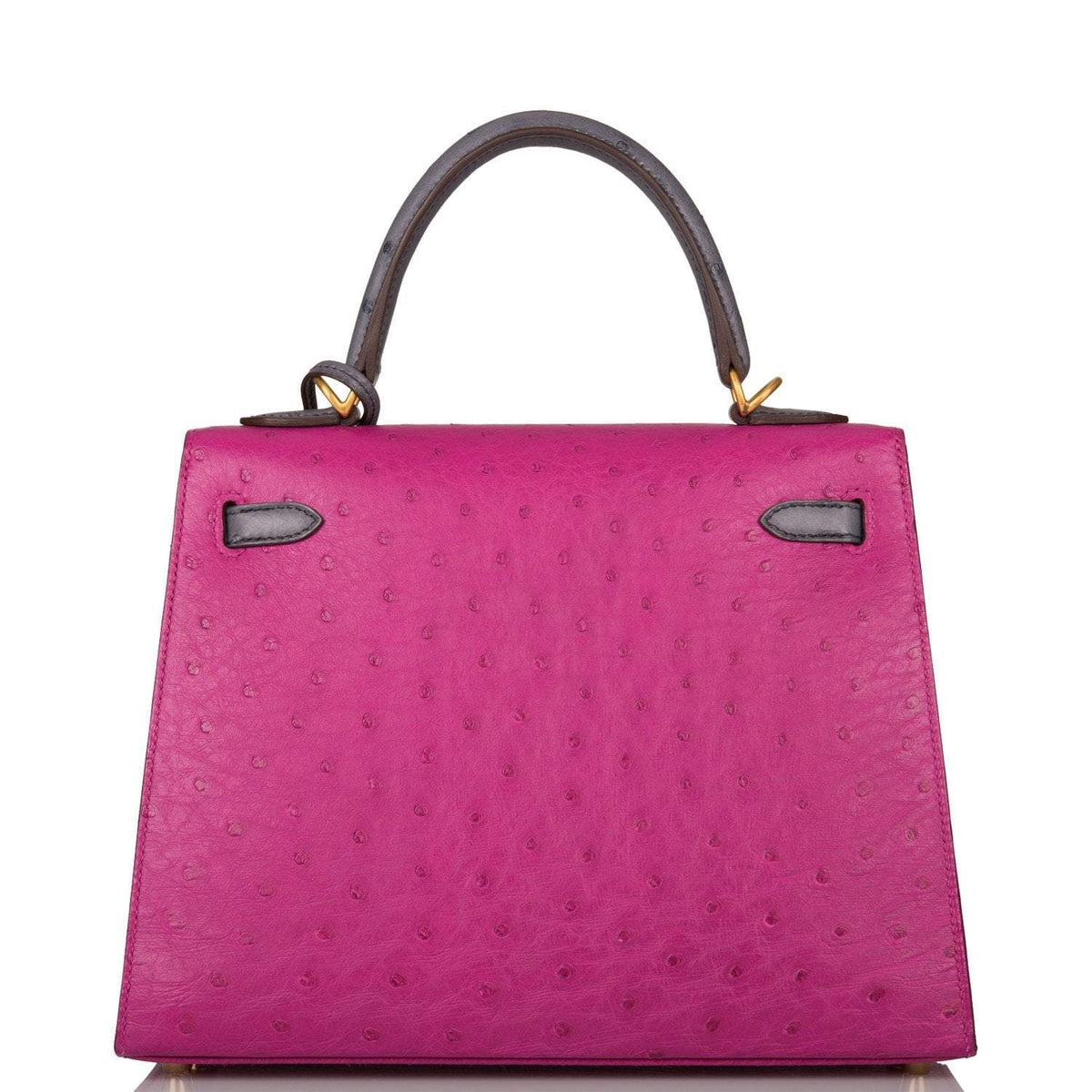 Hermes Horseshoe Stamp (HSS) Bi-Color Rose Pourpre and Gris Agate Ostrich Sellier Kelly 25cm Brushed Gold Hardware