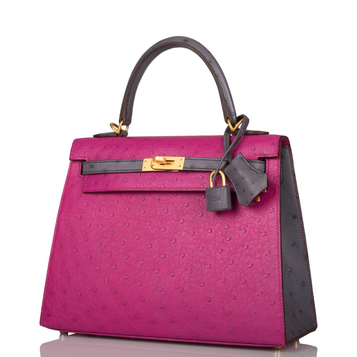 Hermes Horseshoe Stamp (HSS) Bi-Color Rose Pourpre and Gris Agate Ostrich Sellier Kelly 25cm Brushed Gold Hardware