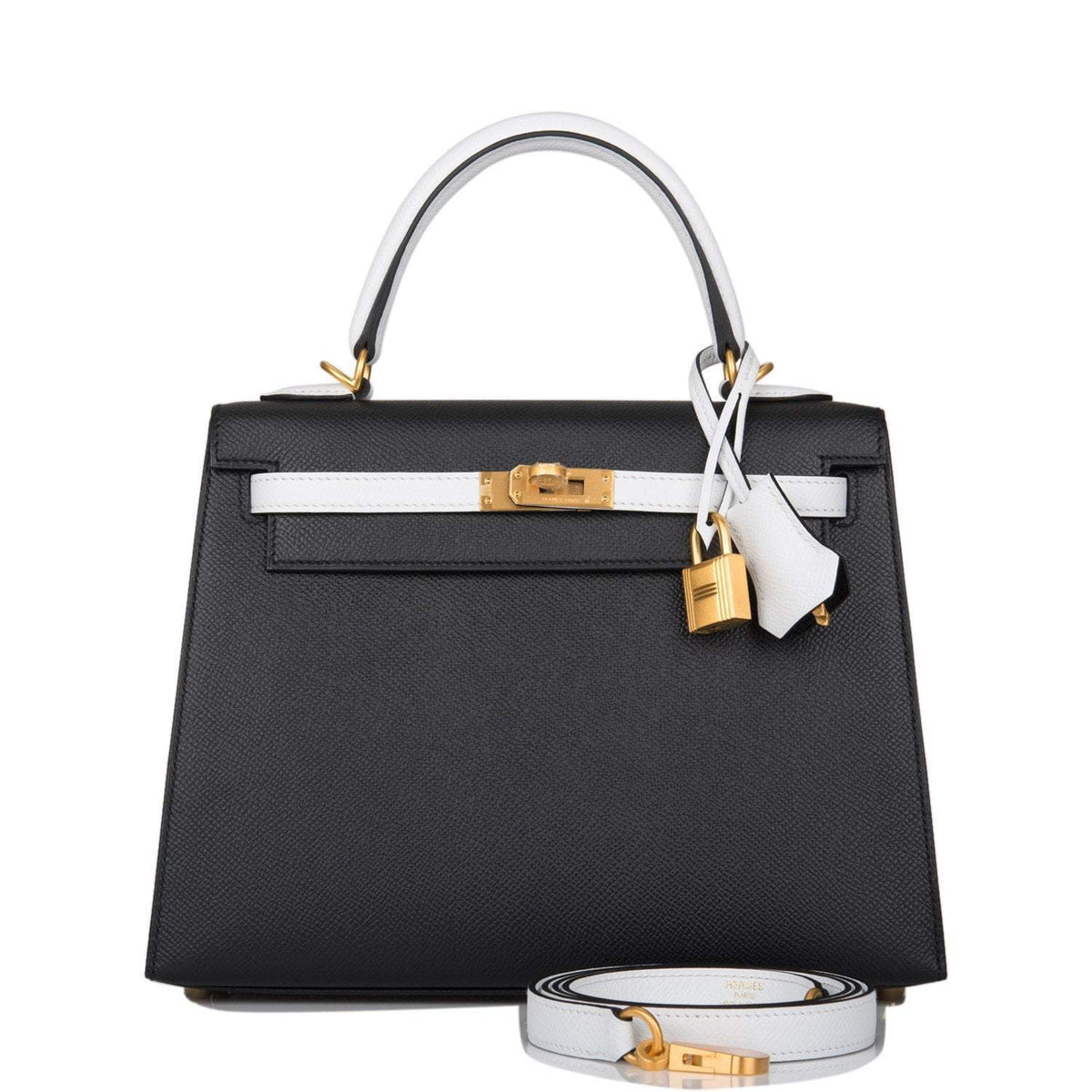 Hermes Kelly 28cm Bi-Color Black and Craie Epsom Sellier Brushed Gold Hardware