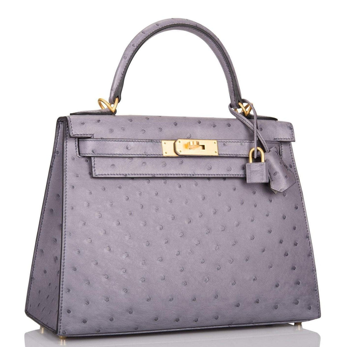 Hermes Kelly 28cm Bi-Color Gris Agate and Gris Perle Ostrich Sellier  Brushed Gold Hardware