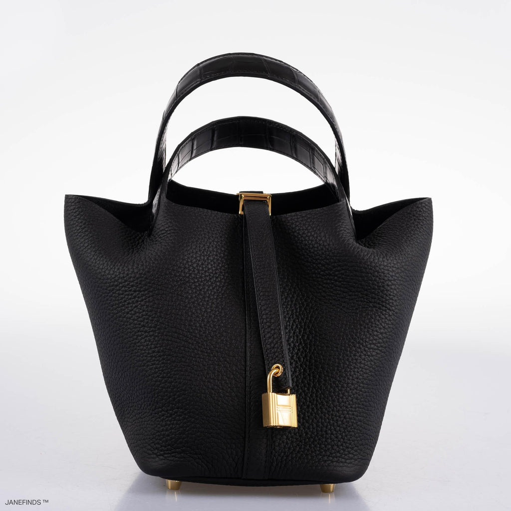 Hermes Picotin Lock Touch 18 PM Black Taurillon Clemence & Matte Alligator Gold Hardware