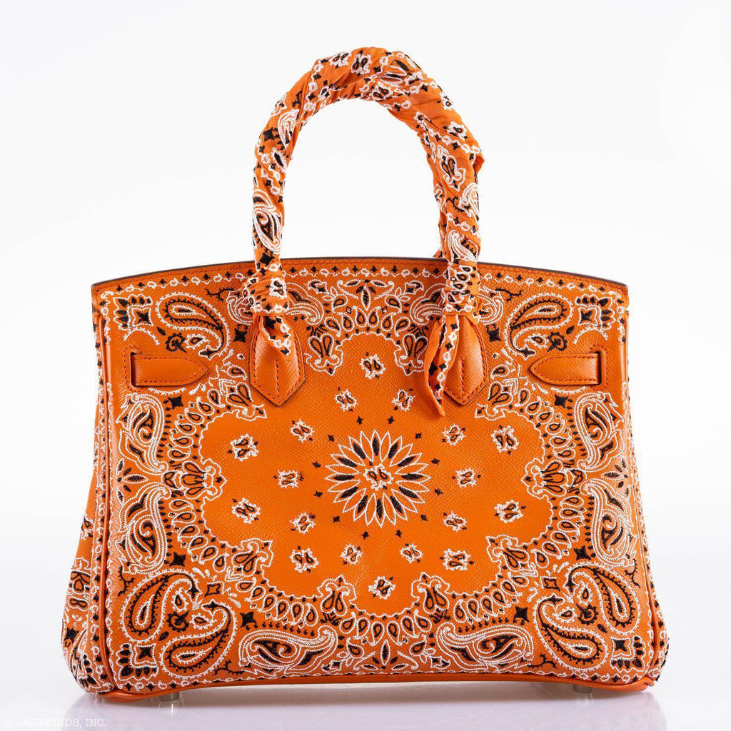 Jay Ahr Vintage 2013 Hermes Birkin 30 Orange Epsom Bandana Embroidery "Rio de Janeiro"