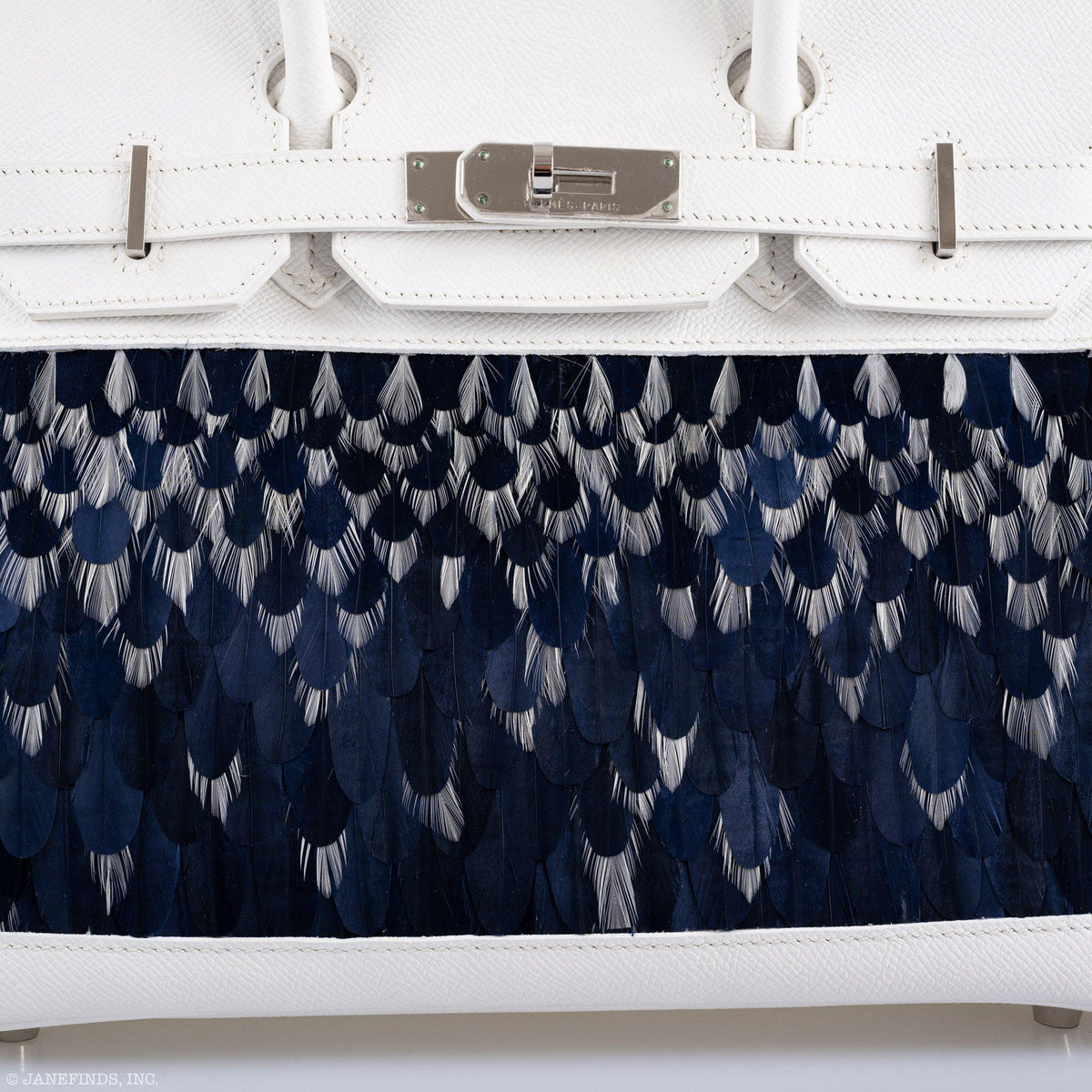 Vintage Hermes Birkin 30 White Epsom with Custom Feather Panel & Palladium Hardware - 2010, N Square